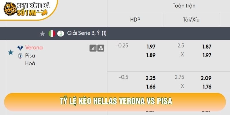 Tỷ lệ kèo Hellas Verona vs Pisa